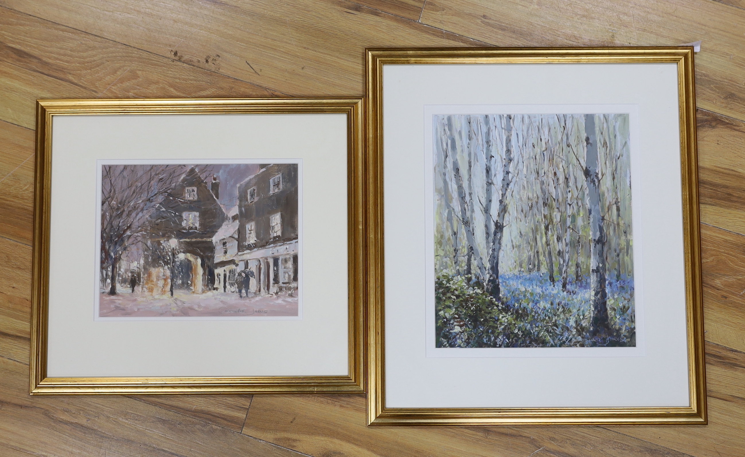 Christopher Jarvis (20th.C), two oils, Woodland landscape and Winter street scene, each signed, largest 33 x 28cm